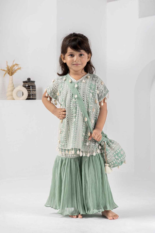 Pista Green Embroidered And Mirror Work Top With Sharara Set For Girls