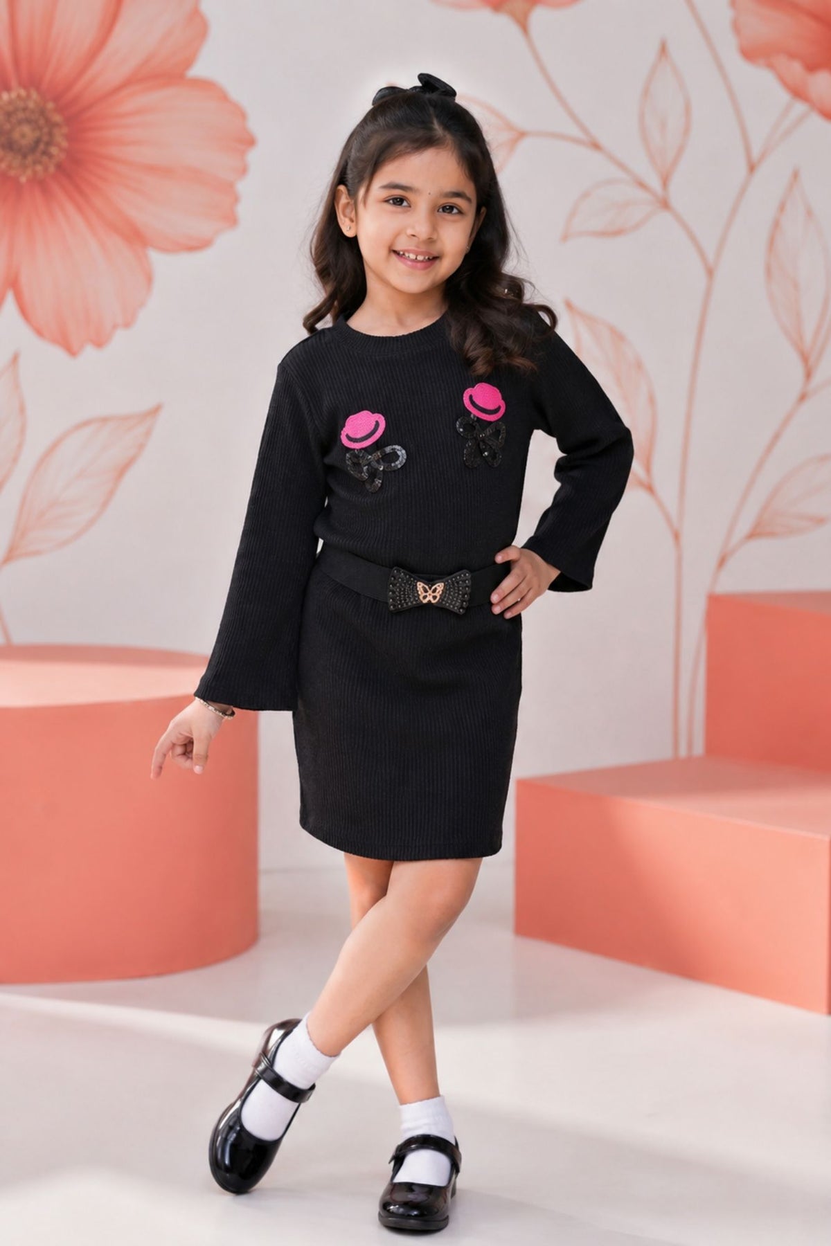 Black Embroidered Top & Skirt Co-ord Set For Girls