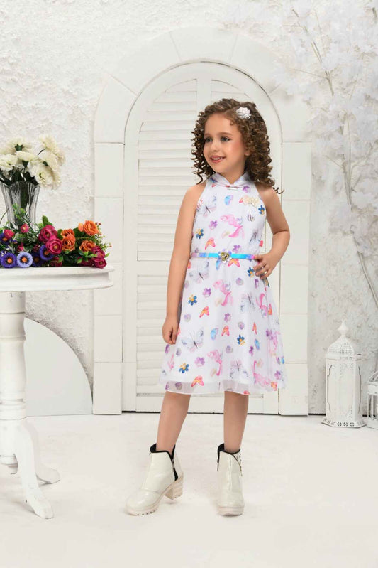 White Sleeveless Floral And Butterfly Printed With Bow Embellished Frock For Girls