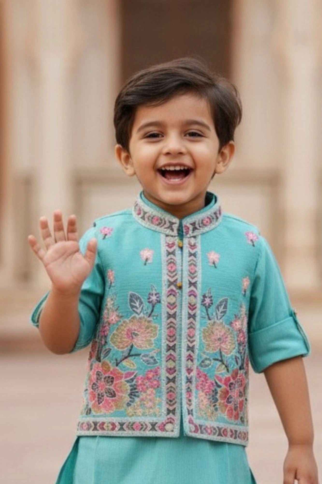 Teal Blue Embroidered Kurta Set with Nehru Jacket For Boys