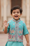 Teal Blue Embroidered Kurta Set with Nehru Jacket For Boys