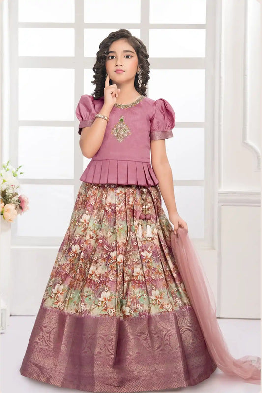 Mauve Peplum Top And Floral Woven Pattu Pavadai Set with Dupatta For Girls