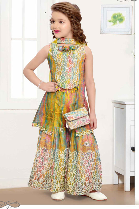 Multicolor Embroidered Work Sharara Set With Sling Bag For Girls