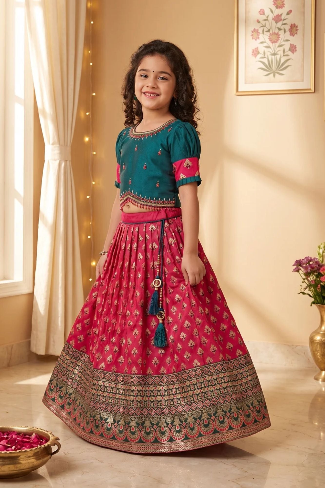 Girls Teal Green and Rani Pink Pattu Pavadai Set