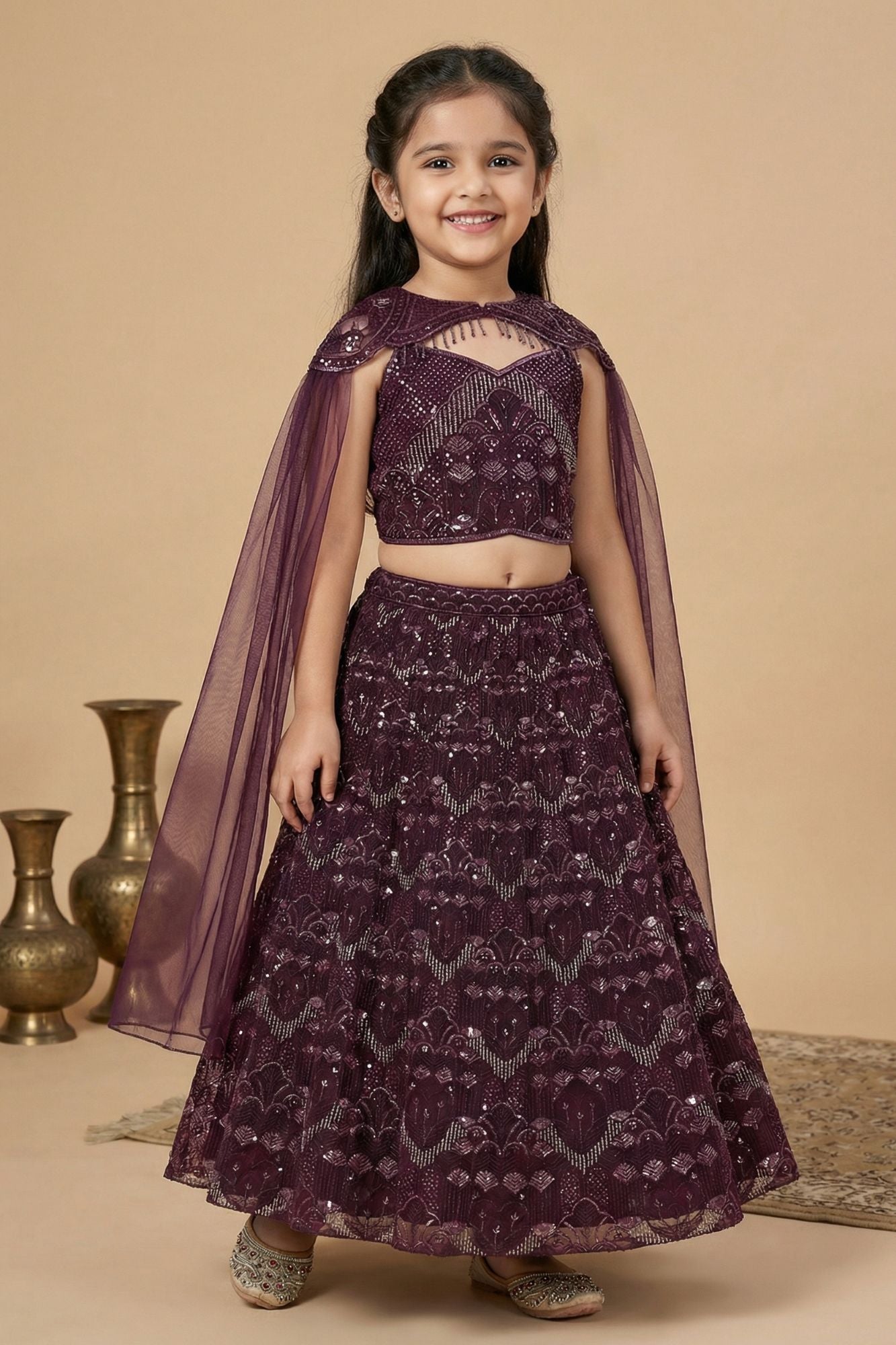 Maroon Embroidered Lehenga Choli Set With Cape Dupatta for Girls
