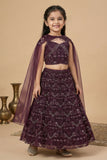 Maroon Embroidered Lehenga Choli Set With Cape Dupatta for Girls