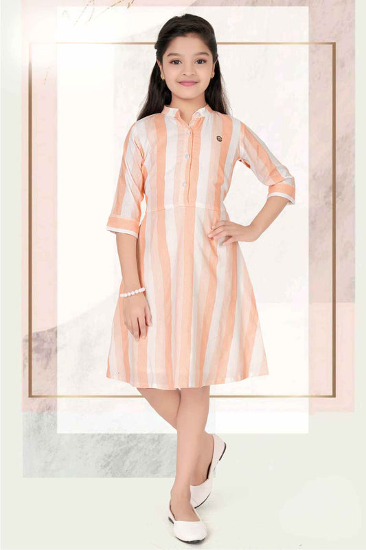 Peach 3/4th Sleeves Stripe Frock For Girls