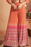 Orange Sequins Embroidered And Mirror Work Palazzo Set With Overcoat For Girls