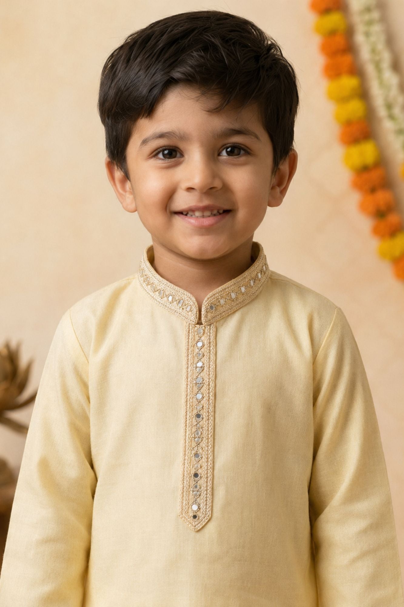 Yellow Embroidered Linen Kurta Set For Boys