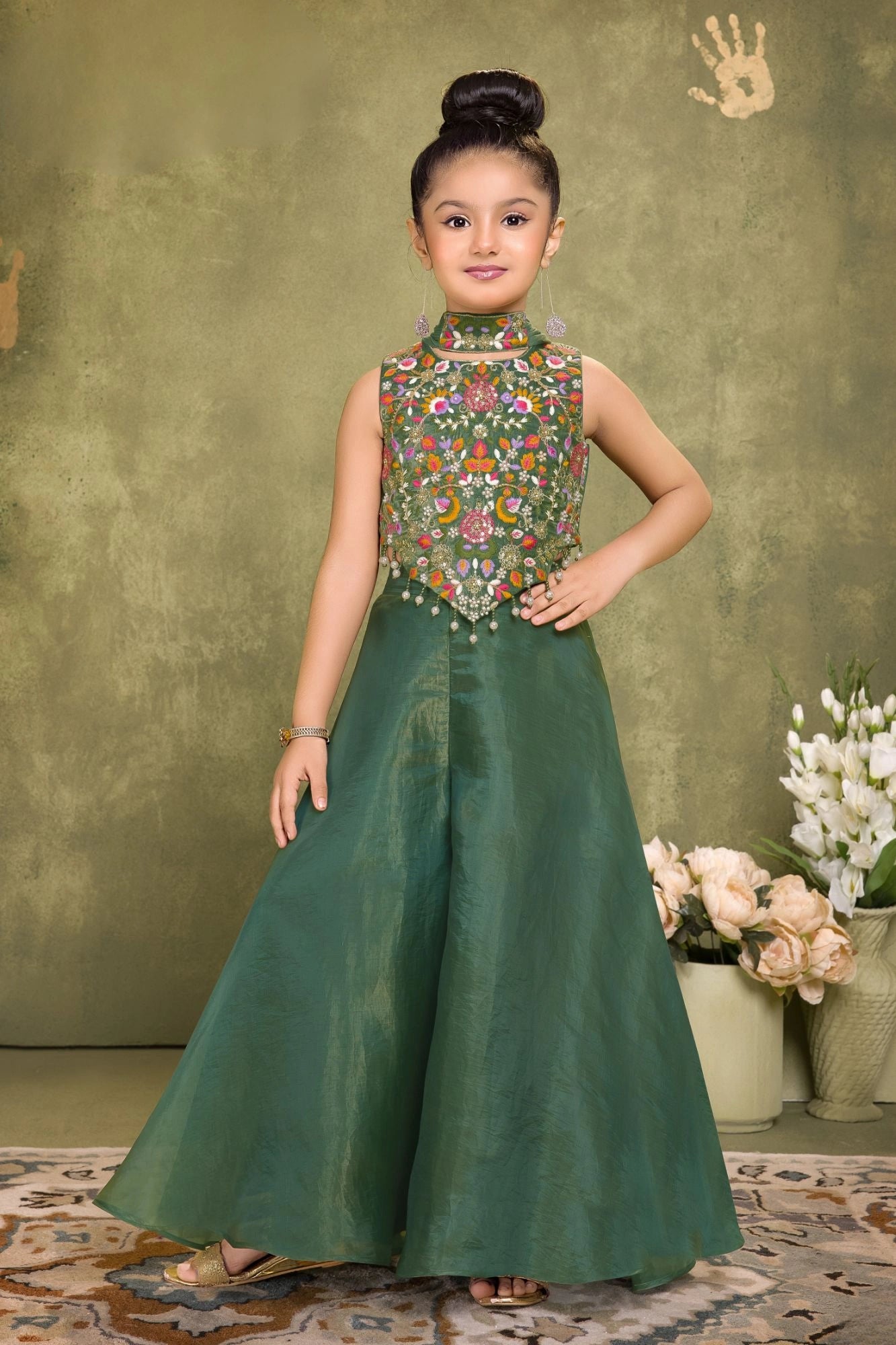 Green Sequins Work With Thread Embroidery Palazzo Set for Girls