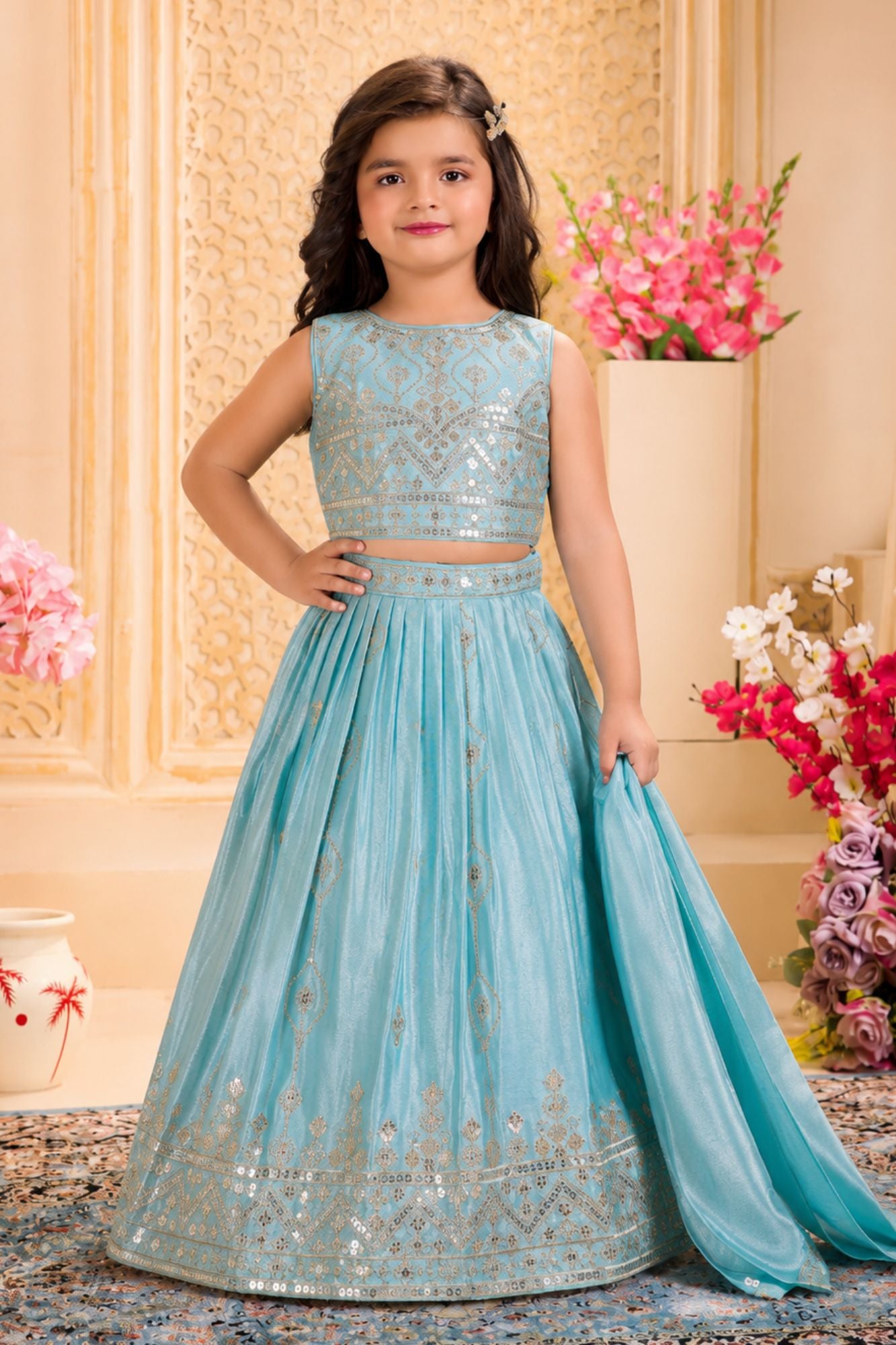 Aqua Blue Sequined Embroidered Lehenga Choli with Dupatta