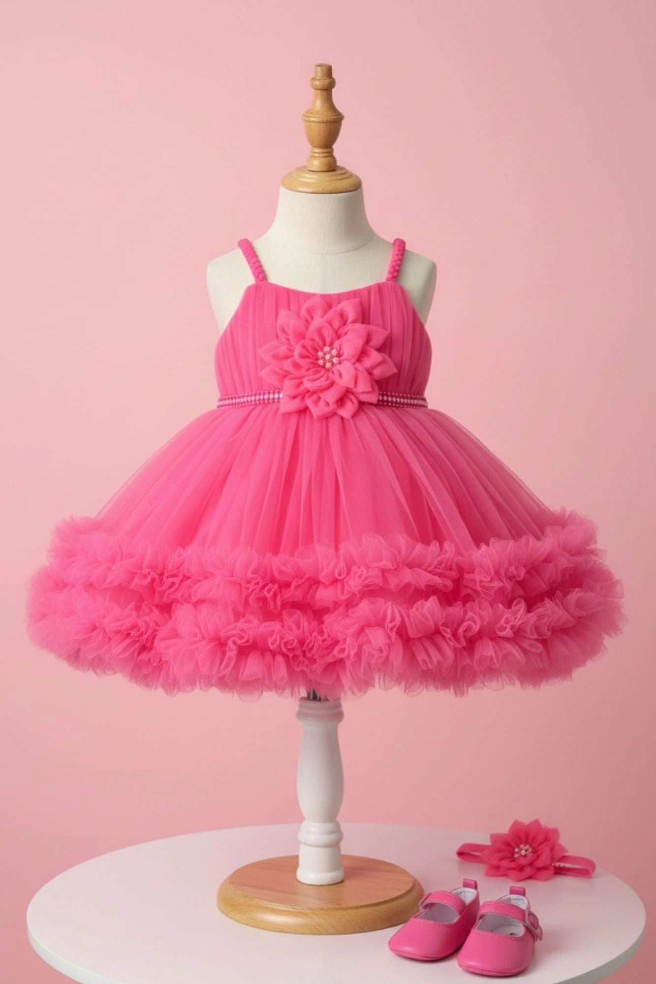 Pink Net Party Wear Frock with 3D Flower & Ruffle Hem For Girls