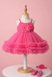 Pink Net Party Wear Frock with 3D Flower & Ruffle Hem For Girls