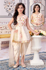 Cream Sleeveless With Sequins Embroidered Dhoti Set For Girls