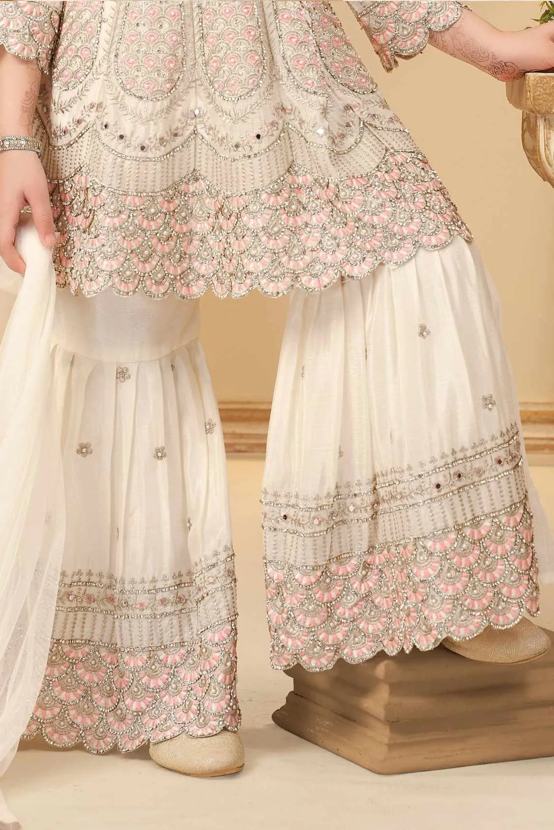 Cream Embroidered Palazzo Set With Dupatta for Girls
