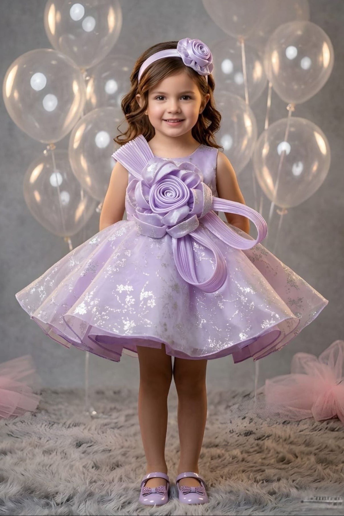 Girls Lavender 3D Floral Party Dress