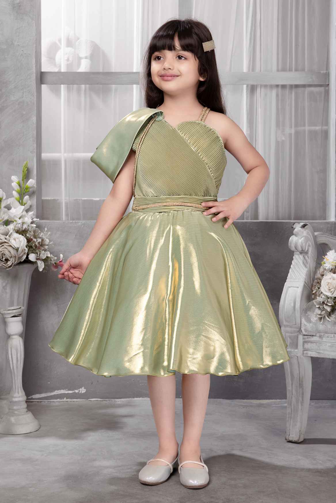 Shimmery Green One-Shoulder Party Wear Frock With Draped Detail For Girls