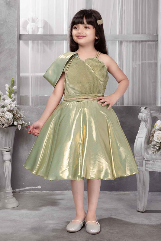 Shimmery Green One-Shoulder Party Wear Frock With Draped Detail For Girls