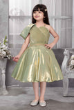Shimmery Green One-Shoulder Party Wear Frock With Draped Detail For Girls
