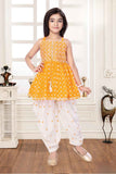 Yellow Bandhani Printed And Embroidered Top With Dhoti Set For Girls