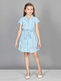 Solid Light Blue Casual Shirt Dress with Waist Tie-Up for Girls