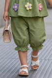 Olive Green Floral Appliqué Top and Capri Co-Ord Set With Floral Applique