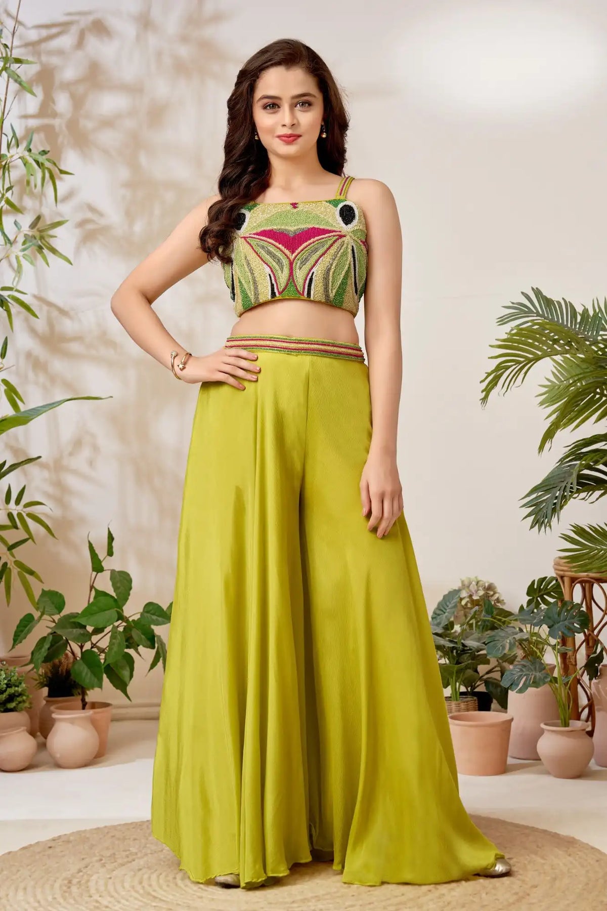 Lime Green Palazzo Set with Hand-Embellished Beaded Crop Top For Girls