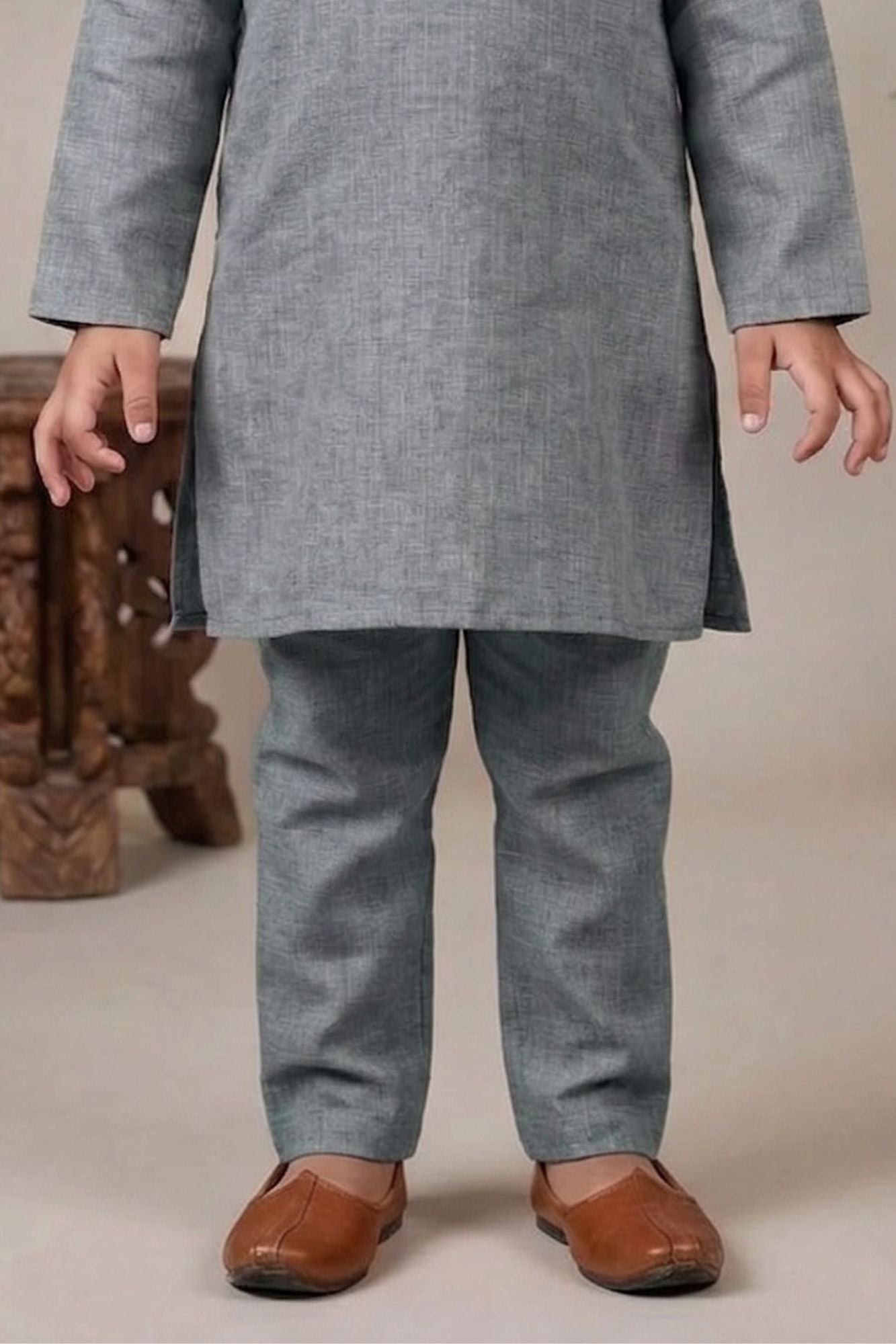 Grey Embroidered Linen Kurta Set For Boys