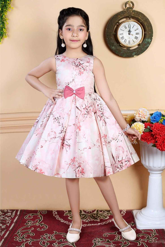 Peach Printed Party Wear Frock For Girls