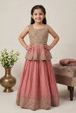 Dusty Pink Zari Embroidered Peplum Top With Lehenga Set For Girls