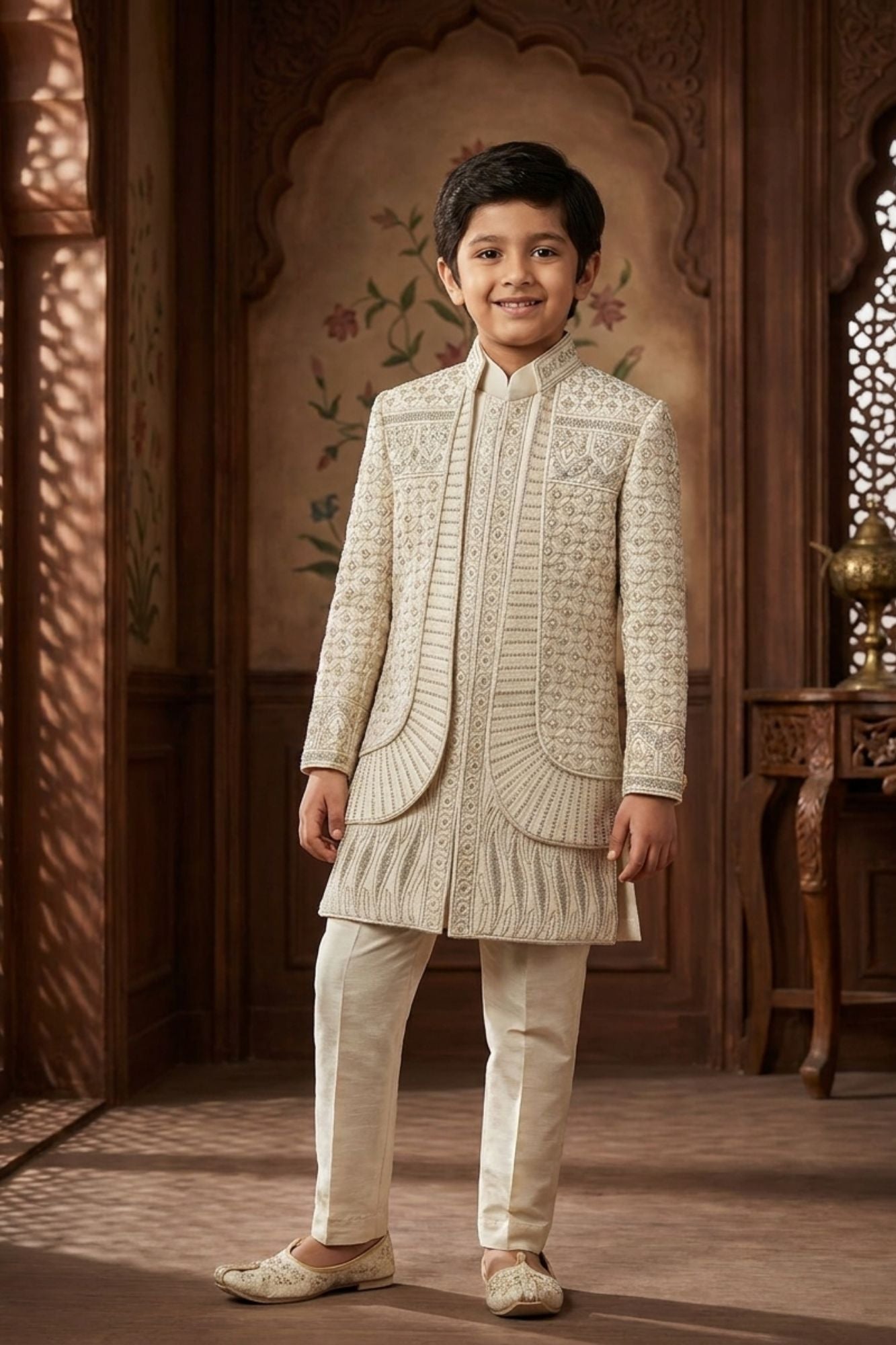Ivory Embroidered Indo Western Sherwani Set For Boys