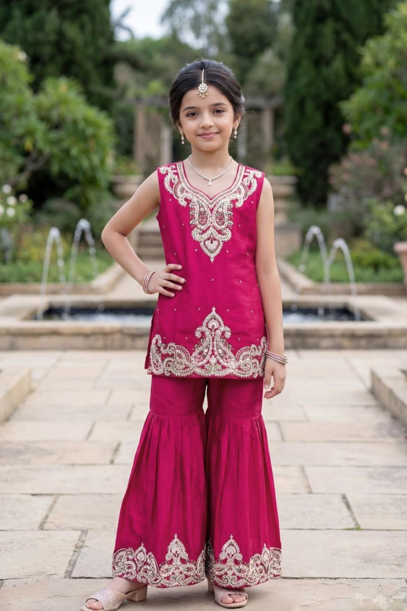 Rani Pink Zari Embroidered Sharara Set With Dupatta For Girls