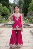 Rani Pink Zari Embroidered Sharara Set With Dupatta For Girls