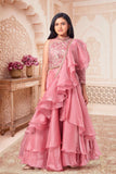 Rose Pink Ruffle Layered Lehenga Choli with Embroidered Ruffled Dupatta For Girls
