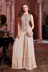 Cream Embroidered Kurta And Palazzo Set With Sling Bag For Girls