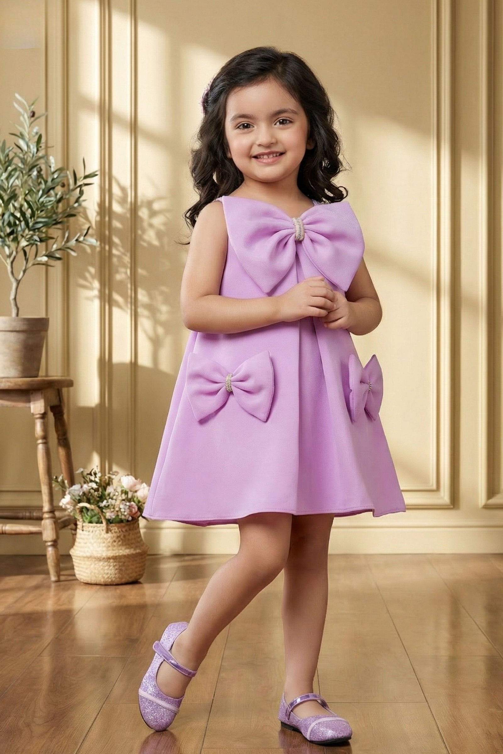 Girls Lavender A-Line Party Dress with Statement Bow Details