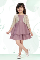 Girls Onion Pink Layered Frock With Lace Shrug And Floral Accent