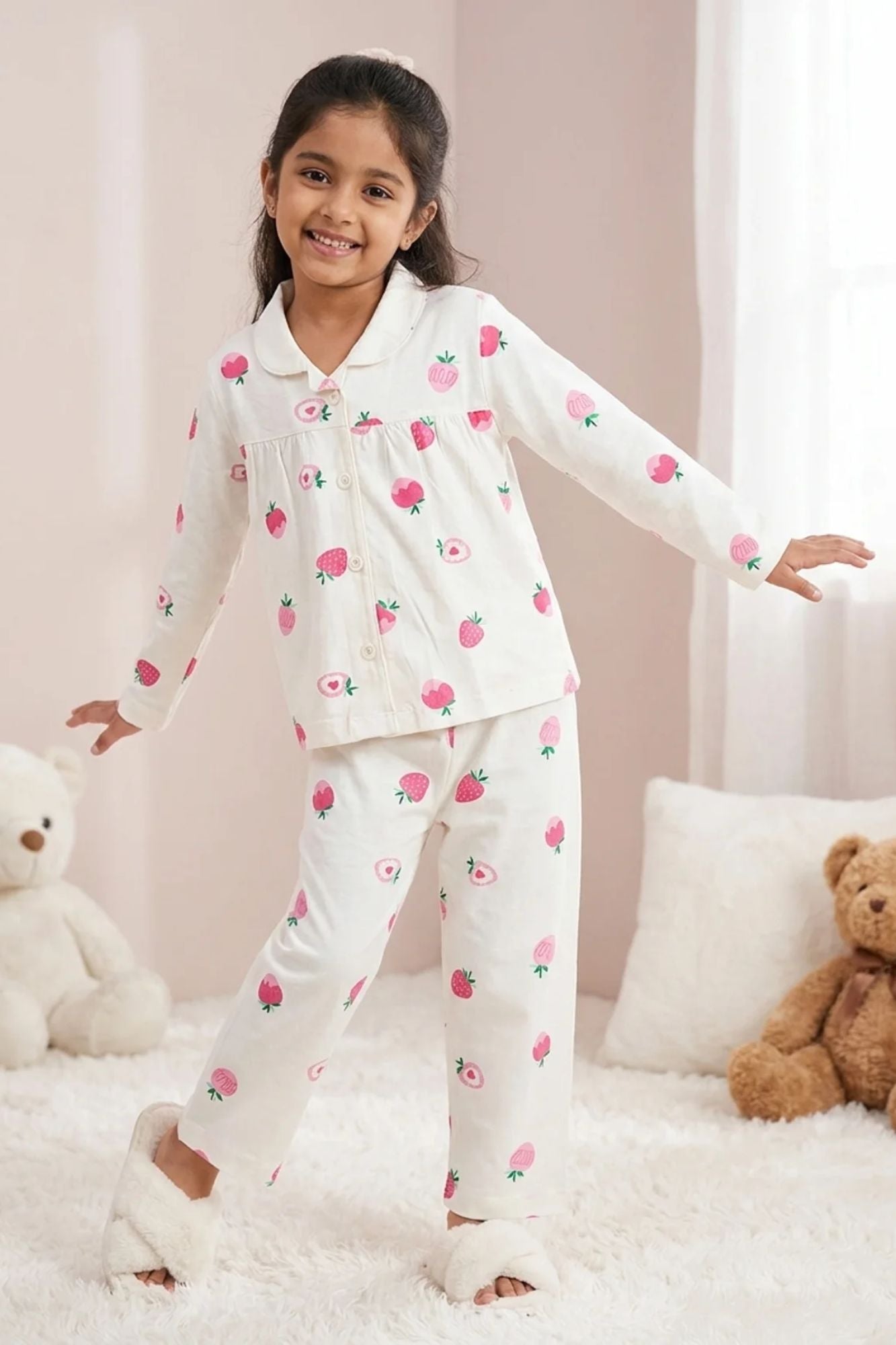 Girls White Strawberry Print  Night Suit Set