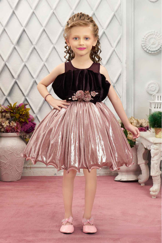 Wine Balloon Frock With Floral Embellished For Girls