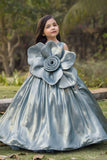 Steel Blue Oversized 3D Flower Party Wear Gown For Girls