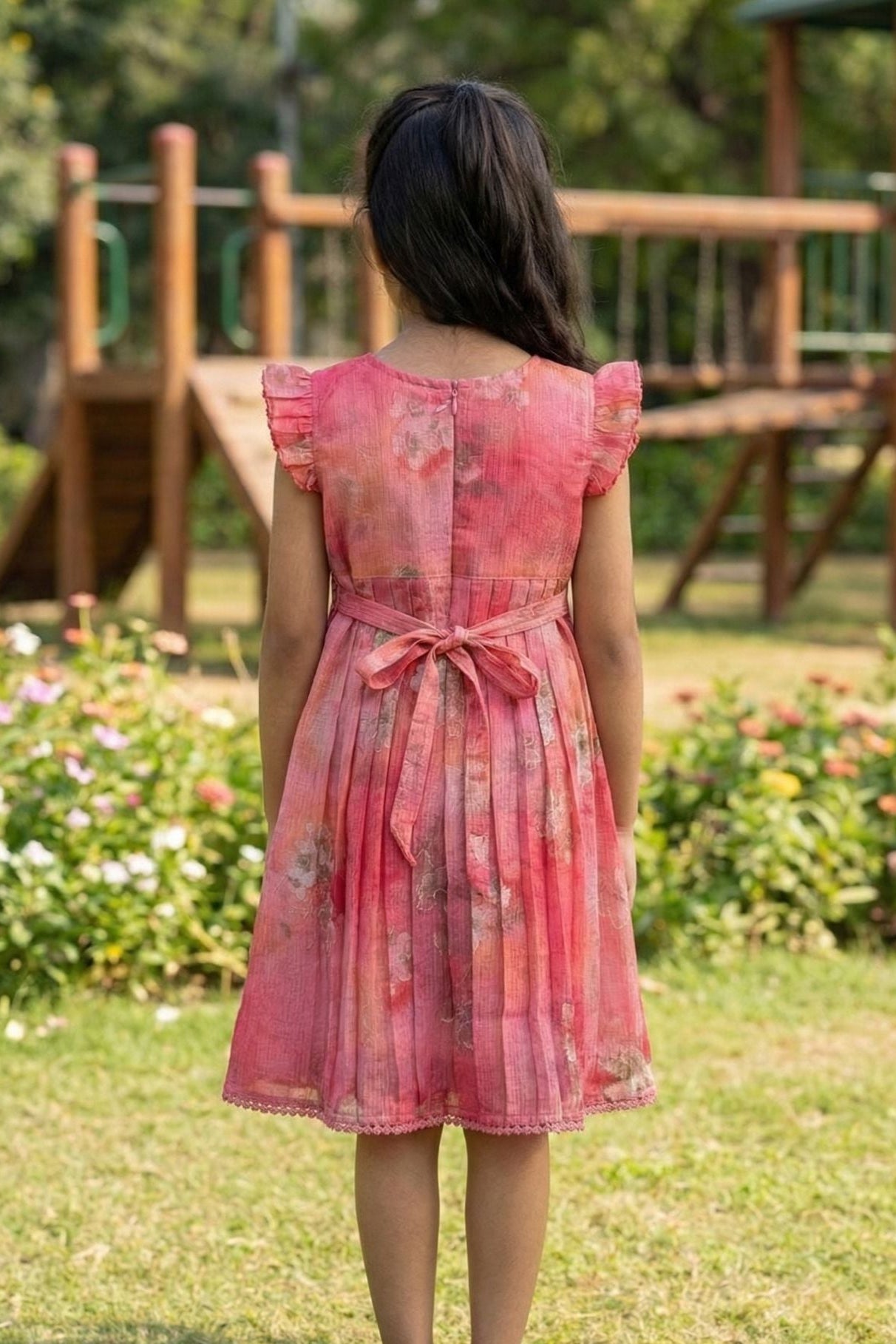 Pink Floral Pleated Frock For Girls