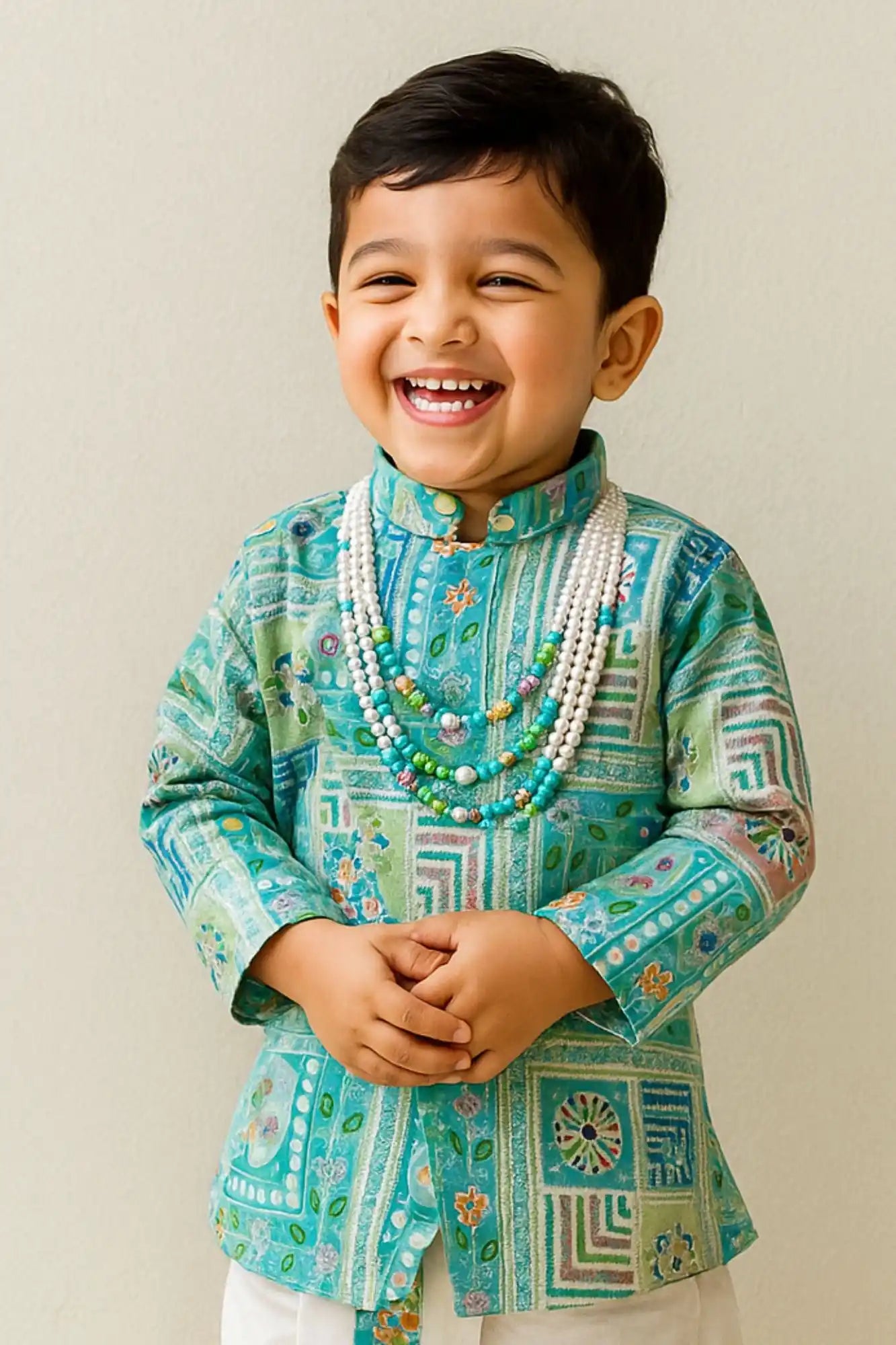 Aqua Blue Patchwork-Style Kurta with Cream Dhoti Set