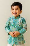 Aqua Blue Patchwork-Style Kurta with Cream Dhoti Set