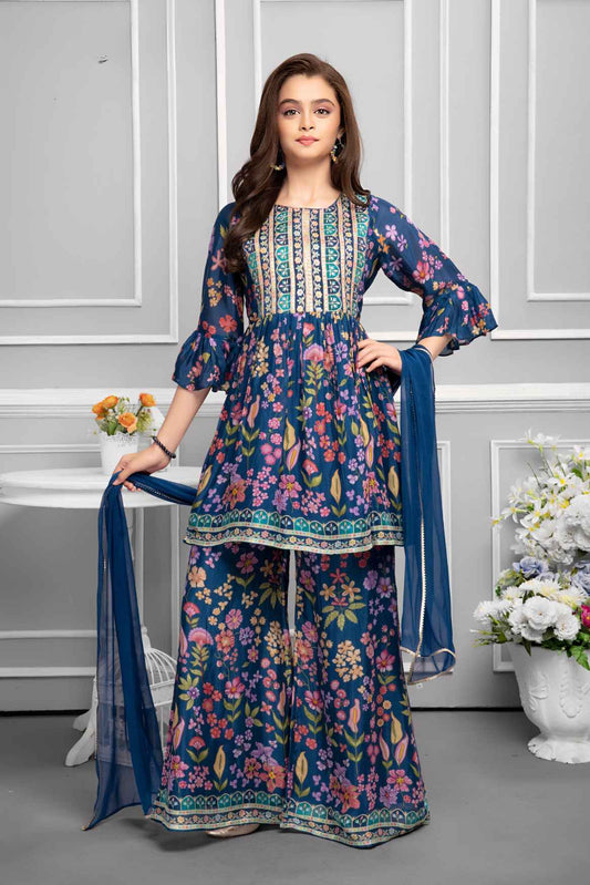 Blue Floral Printed And Sequin Palazzo Sets For Girls