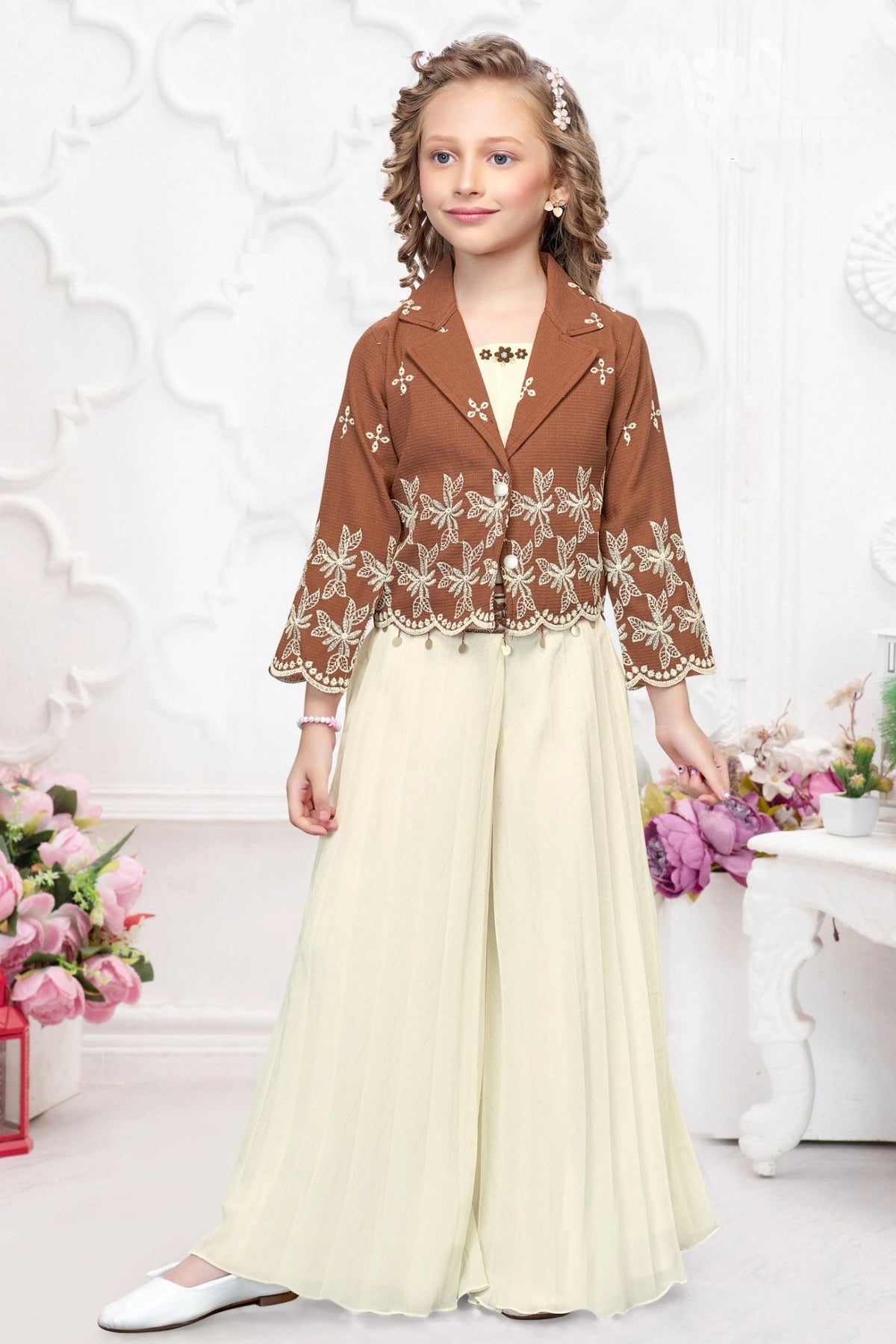 Brown and Cream Embroidered Wide Legged Pant Set With Jacket For Girls