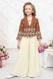 Brown and Cream Embroidered Wide Legged Pant Set With Jacket For Girls
