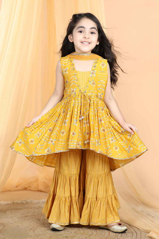 Mustard Sequin And Printed Alia Cut Sharara Set For Girls