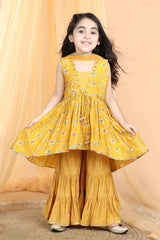 Mustard Sequin And Printed Alia Cut Sharara Set For Girls