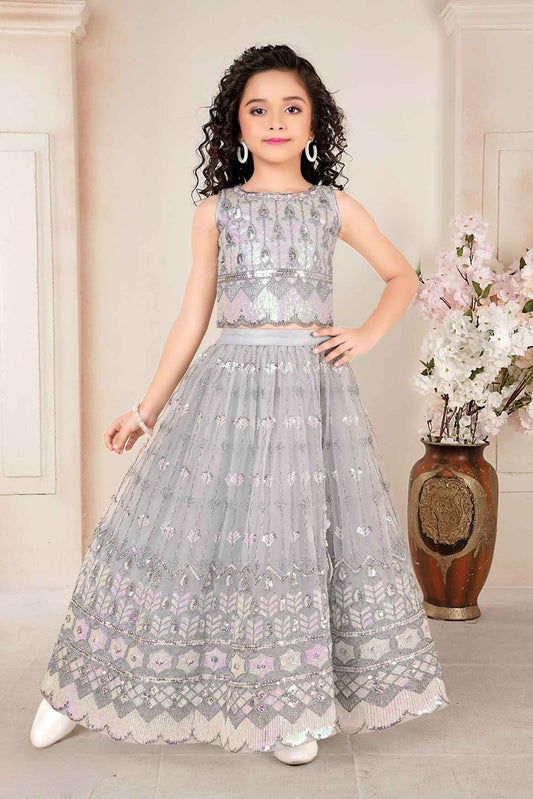 Grey Sequins Embroidered Lehenga Choli Set For Girls