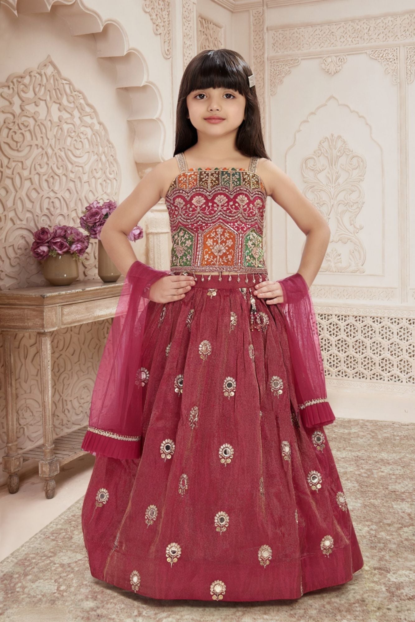 Pink Embroidered Lehenga Choli Set for Girls